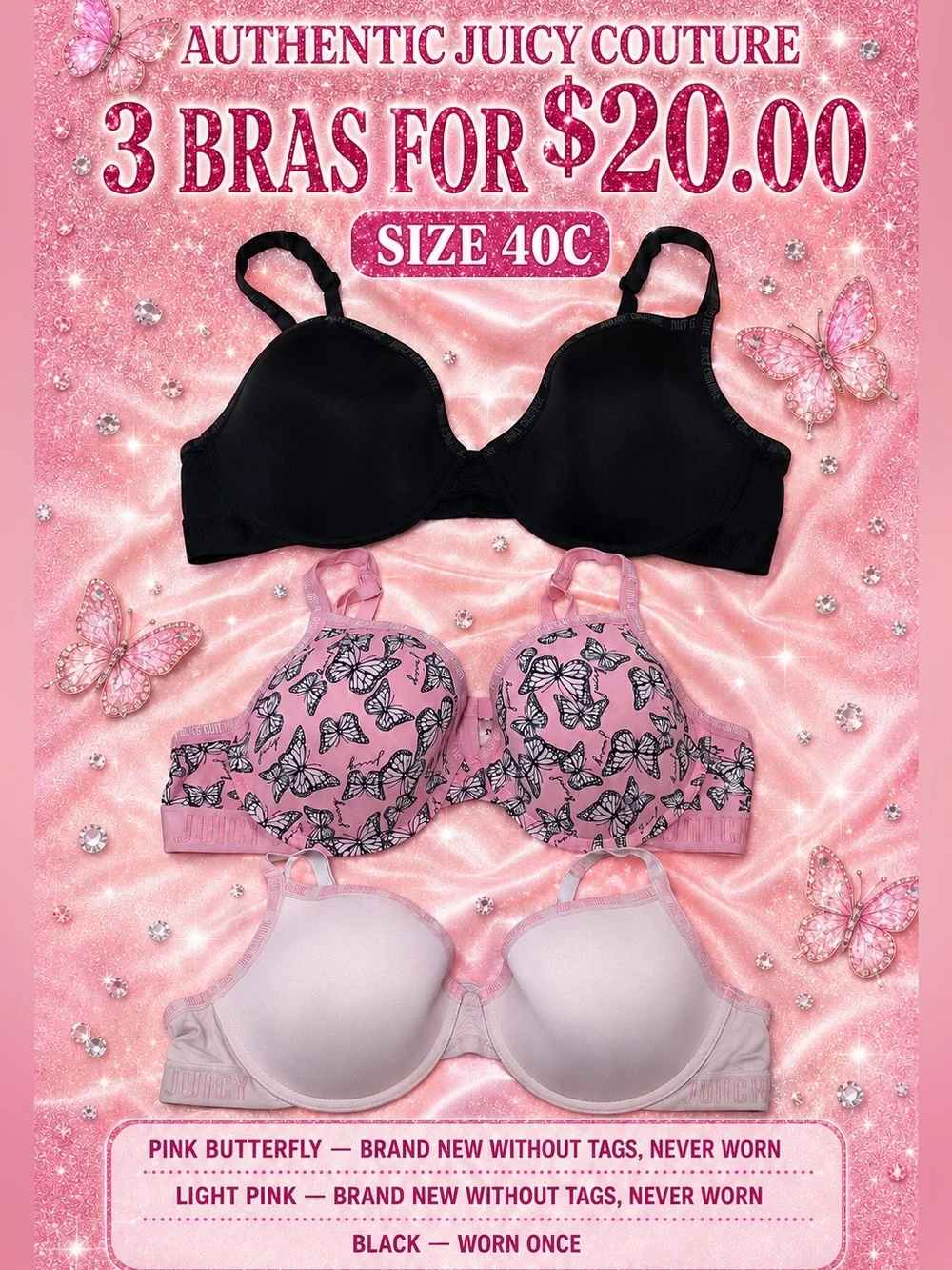 Juicy Couture 3-Pack Bra Set in Black, Pink Butterfly & Light Pink